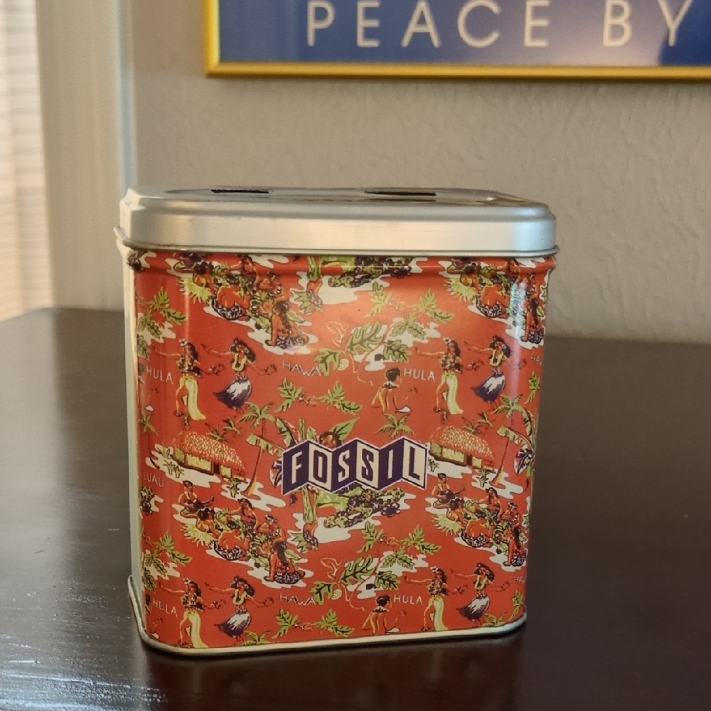 Fossil Orange Hawaiian Print Tin Canister